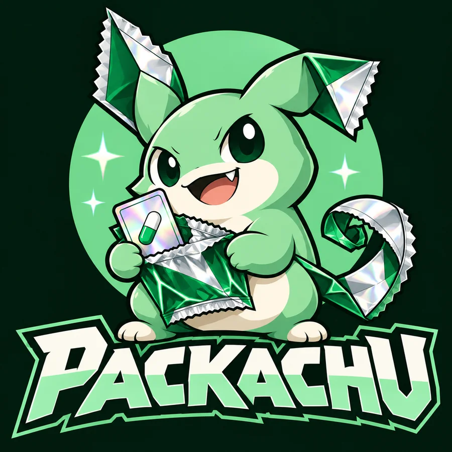 Packachu, a mint-green creature with foil ears, ripping open a booster pack